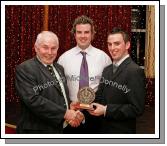 Oliver Dillon, chairman West Mayo GAA Board presents the Breaffy GAA Club U-21 Player of the year award to Eoin Carney, at Breaffy GAA Annual Dinner Dance in Breaffy House Hotel, Castlebar. Included in photo is U-21 manager John Paul Gibbons. Photo:  Michael Donnelly