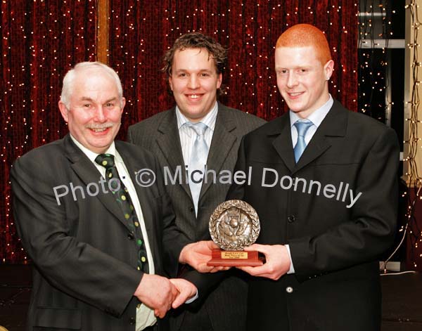 Oliver Dillon, chairman West Mayo GAA Board presents the Breaffy GAA Club Minor Player of the year award to Paul Curry at Breaffy GAA Annual Dinner Dance in Breaffy House Hotel,  Castlebar. Included in photo is team manager Edwin McGreal. Photo:  Michael Donnelly