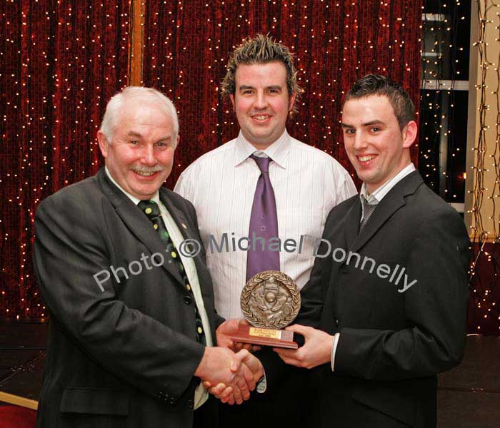 Oliver Dillon, chairman West Mayo GAA Board presents the Breaffy GAA Club U-21 Player of the year award to Eoin Carney, at Breaffy GAA Annual Dinner Dance in Breaffy House Hotel, Castlebar. Included in photo is U-21 manager John Paul Gibbons. Photo:  Michael Donnelly