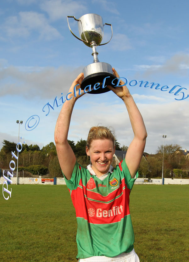 Carnacon captain Fiona McHale raises the Ladies GAA Connacht Council Cup after defeating St Brigids, Kiltoom in the Tesco Connacht Ladies Gaelic Football Senior Club Championship final in Canon Gibbons Park Claremorris. Photo: © Michael Donnelly Photography