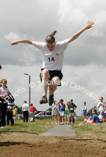 Alice Dever, Achill, in action at the Girls U-14 long Jump at the Mayo finals of the HSE Community Games in Claremorris. Photo:  Michael Donnelly