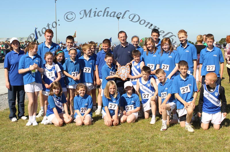 Gerry McGuinness, secretary Mayo Community Games presents the Sheild  for best turned out team to Claremorris at the Mayo finals of the HSE Community Games in Claremorris Track.Photo: © Michael Donnelly