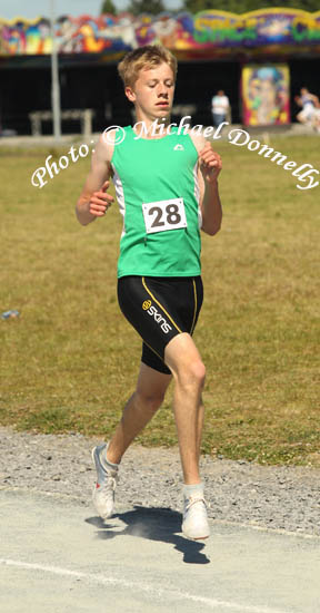 Westport's David Harper, flying it in the Boys U-16 1500m race at the Mayo finals of the HSE Community Games in Claremorris Track.Photo: © Michael Donnelly