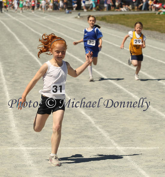 Briana Fallon, Swinford  comes 1st in her heat, and wins the final in the U-8 Girls 80 M race at the Mayo finals of the HSE Community Games in Claremorris Track.Photo: © Michael Donnelly
