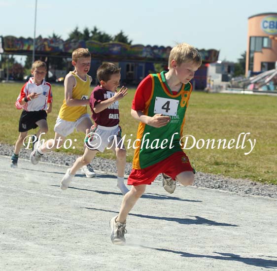 Dylan Thornton,  Quay area,  (Ballina)  first home in the U-8 Boys 60m race at the Mayo finals of the HSE Community Games in Claremorris Track.Photo: © Michael Donnelly