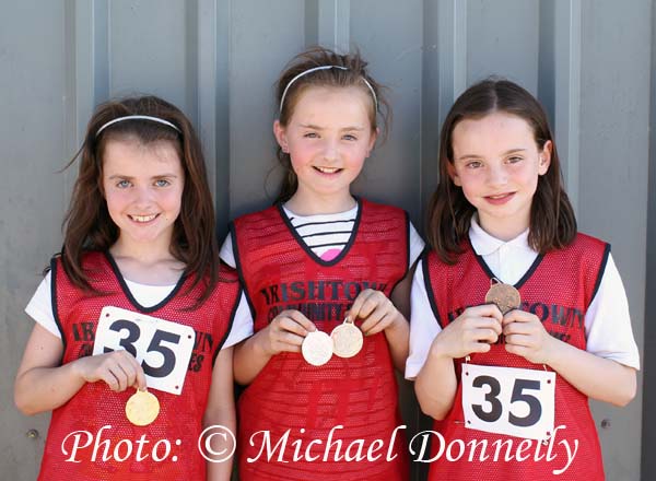 Irishtown medal collectors pictured at the Mayo finals of the HSE Community Games in Claremorris Track, from left: Gemma Foody, 1 Gold; Niamh Foody, 2 Silver and Muirgheal Ottewell,1 Bronze .Photo: © Michael Donnelly