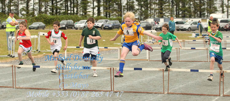 Evan Reape Knockmore leading  in Boys U-10 60M Hurdles Mayo Community Games Athletic Finals at Claremorris Track. Photo:Michael Donnelly