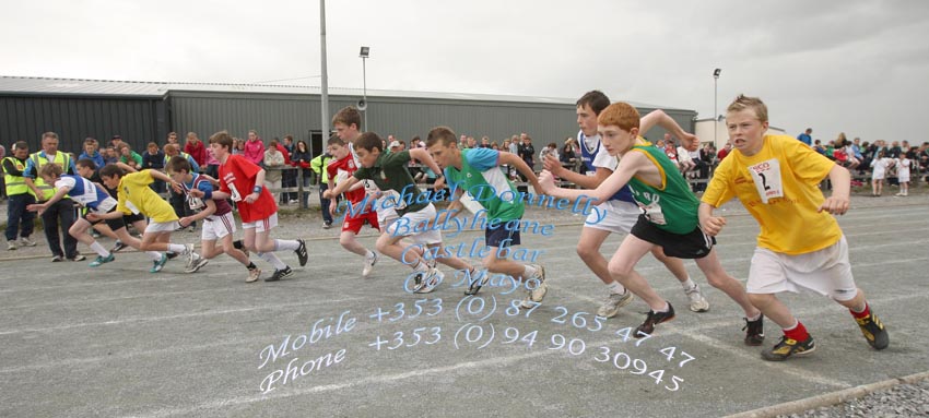 Getting off to a good start in the Boys U-14 800 m race at Mayo Community Games Athletic Finals at Claremorris Track. Photo:Michael Donnelly