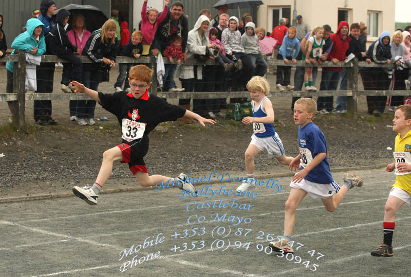 Eugene Henry, Swinford area Going for the line in  Semifinal 2 of Boys U-8  80 m  and  came 1st in the  final at Mayo Community Games Athletic Finals at Claremorris Track. Photo:Michael Donnelly
