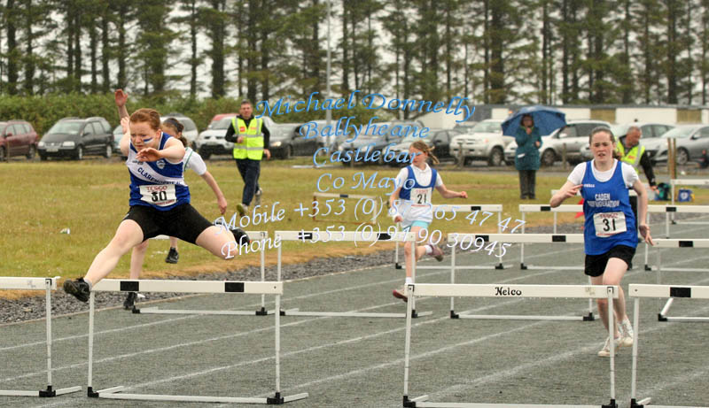 Connie Jennings Claremorris going full speed in the Girls U-14 80 M  Hurdles at Mayo Community Games Athletic Finals at Claremorris Track. Photo:Michael Donnelly