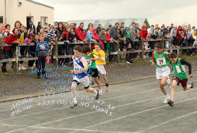 James Jennings, Claremorris comes home first in the Boys  U-12 100M at Mayo Community Games Athletic Finals at Claremorris Track. Photo:Michael Donnelly