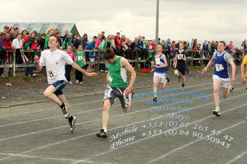 Achill's Jason Gavin  pips Westports  Diarmuid McGreal in the Boys U-16 100m final at Mayo Community Games Athletic Finals at Claremorris Track. Photo:Michael Donnelly