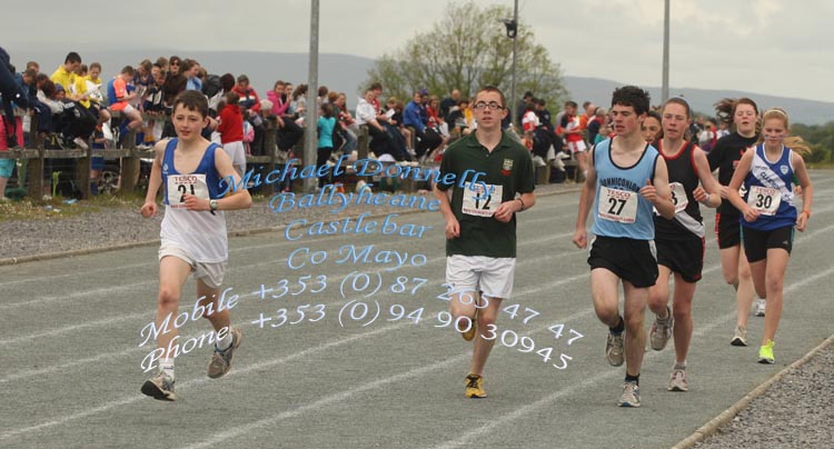 Pictured on lap one of marathon at Mayo Community Games Athletic Finals at Claremorris Track from left , Jarlath Bell, Hollymount, Simon Gillespie, Ballina; Anthony Neville, Bonniconlon  Photo:Michael Donnelly