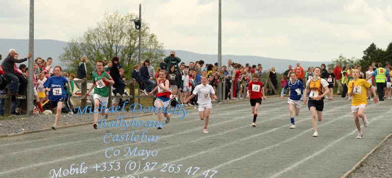 Flat out in heat 1 of the Girls U-14 100m sprint at Mayo Community Games Athletic Finals at Claremorris Track. Photo:Michael Donnelly