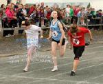 A tight finish in the Girls U-16 100M at Mayo Community Games Athletic Finals at Claremorris Track from left: Hannah McNulty, Achill (2nd); Natasha Neville, Bonniconlon, 3rd and Lydia Rainey, Straide, 1st; Photo:Michael Donnelly