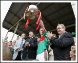 Mayo captain David Heaney lifts the cup in the Bank of Ireland Connacht Senior Football Championship in McHale Park Castlebar