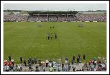 Observing a minute's silence in memory of Joe Langan before the Bank of Ireland Connacht Senior Football Championship in McHale Park Castlebar