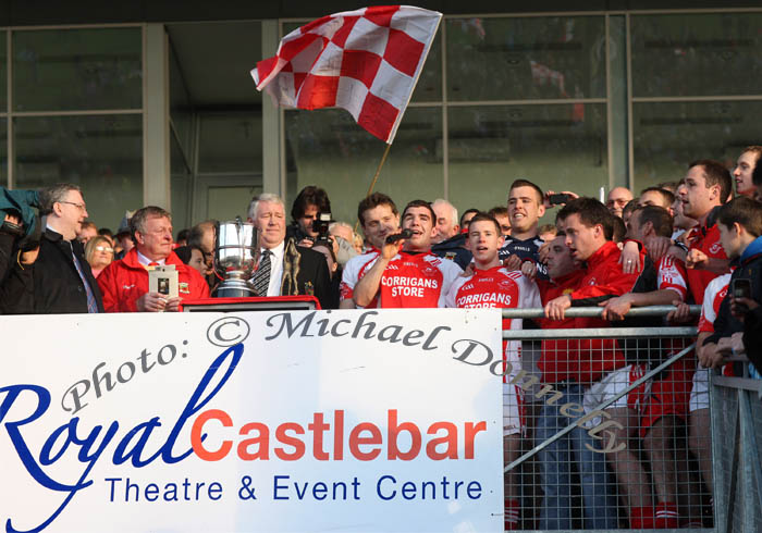 Myles Kelly sings as Ballintubbers celebrate after defeating Castlebar Mitchels in the TF Royal Hotel and Theatre Mayo Senior Football Championship final in McHale Park.Photo:Michael Donnelly