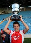 John Feeney, captain of Ballintubber lifts the Moclair Cup after Ballintubber defeated Castlebar Mitchels in the TF Royal Hotel and Theatre Mayo Senior Football Championship final in McHale Park, Castlebar
