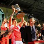 John Feeney captain Ballintubber raises the Moclair Cup after defeating Castlebar Mitchels in the TF Royal Hotel and Theatre Mayo Senior Football Championship final in McHale Park. Photo:Michael Donnelly,