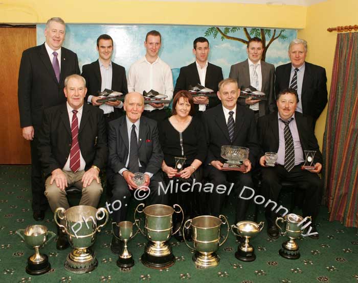 Award winners pictured at the Crossmolina Deel Rovers Dinner Dance in Hiney's Upper Deck Crossmolina, front L-R : Cathal Prior Club Chairman, Dr Mick Loftus Team Doctor, Ann Heffernan Club Lady, Micheal Judge Hall of Fame, Martin Lynn Club Man. At back from left; James Waldron, Co Board Chairman, Pierce Loftus U-21 player of the year, John Garrett, junior player of the year, Joe Keane senior player of the year, Billy Loftus Div 6 player of the year, Billy Fitzpatrick, special guest.  Photo:  Michael Donnelly 

