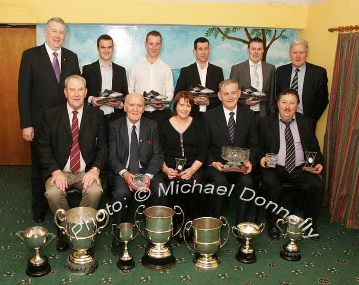 Award winners pictured at the Crossmolina Deel Rovers Dinner Dance in Hiney's Upper Deck Crossmolina, front L-R : Cathal Prior Club Chairman, Dr Mick Loftus Team Doctor, Ann Heffernan Club Lady, Micheal Judge Hall of Fame, Martin Lynn Club Man. At back from left; James Waldron, Co Board Chairman, Pierce Loftus U-21 player of the year, John Garrett, junior player of the year, Joe Keane senior player of the year, Billy Loftus Div 6 player of the year, Billy Fitzpatrick, special guest.  Photo:  Michael Donnelly 

