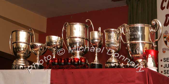 A fine array of Cups at the Crossmolina Deel Rovers Dinner Dance in Hiney's Upper Deck, Crossmolina. Photo:  Michael Donnelly