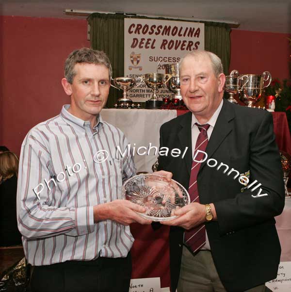 Thomas Loftus accepts an Acknowledgment award on behalf of his  brother Padraig Loftus of ADTEC (team sponsors) Cathal Prior, chairman Crossmolina Deel Rovers (on right) presents the Senior Player of the Year award to Joe Keane at the Crossmolina Deel Rovers Dinner Dance in Hiney's Upper Deck, Crossmolina. Photo:  Michael Donnelly