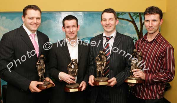 Liam Moffatt, Joe Keane, Peadar Gardiner and Noel Convey, played in 50 or more Championship matches for Crossmolina, and were presented with awards sponsored by Darragh Quinn's Crossmolina, at the Club's Dinner Dance in the Upper Deck Crossmolina, Photo:  Michael Donnelly