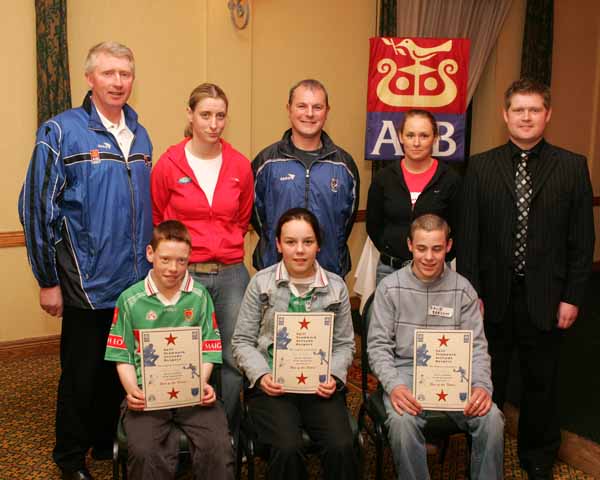 Kiltane GAA Club "Stars of the Future" pictured at AIB Sponsored presentation night in the Failte Suite, Welcome Inn Hotel, Castlebar, front from left: Sean Murphy, Glenamoy, Tracey McAndrew, Mount Jubilee, and David Barrett Mount Jubilee; at back: Eugene Lavin, Cora Staunton, Billy McNicholas, Triona McNicholas, and Ivan Kelly, AIB Bank. Photo Michael Donnelly.