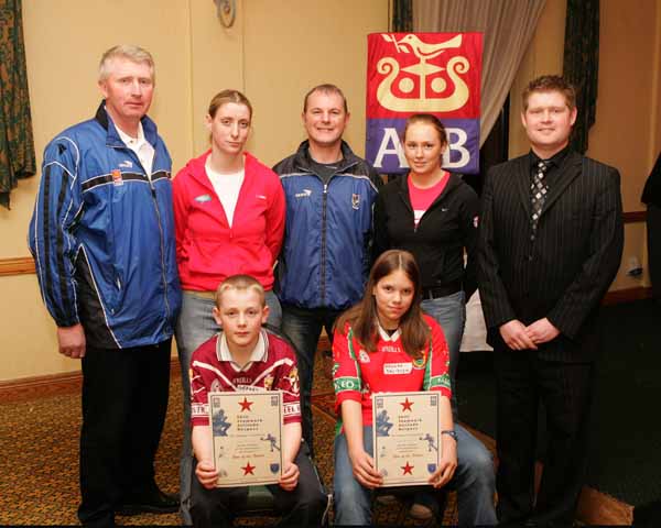 Crossmolina GAA Club "Stars of the Future" pictured at AIB Sponsored presentation night in the Failte Suite, Welcome Inn Hotel, Castlebar, front from left: Gerard Haran, Crossmolina and Hannah Davidson, Lahardane; (Missing was  Diarmuid Farrell); at back: Eugene Lavin Games Development Officer, Cora Staunton, Billy McNicholas, Triona McNicholas, and Ivan Kelly AIB Bank. Photo Michael Donnelly.