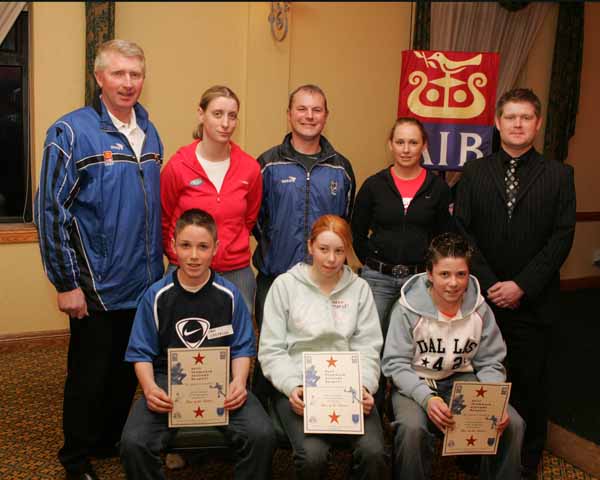 Garrymore GAA Club "Stars of the Future" pictured at AIB Sponsored presentation night in the Failte Suite, Welcome Inn Hotel, Castlebar, front from left: Ian Costello, Claremorris; Sarah Tierney, Cloghans Hill, and Brain Walsh Claremorris; at back: Eugene Lavin, Cora Staunton, Billy McNicholas, Triona McNicholas, and Ivan Kelly AIB Bank. Photo Michael Donnelly.