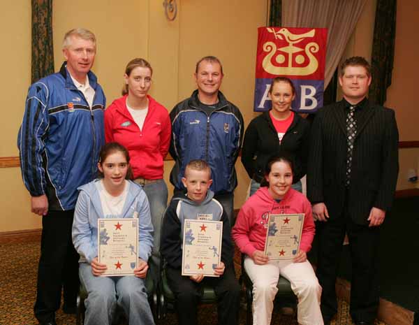 Ballyhaunis and Kiltimagh GAA Club's "Stars of the Future" pictured at AIB Sponsored presentation night in the Failte Suite, Welcome Inn Hotel, Castlebar, front from left:  Aveen McNicholas, Kiltimagh, Damian Keadin, Ballyhaunis and Aisling Tarpey Ballyhaunis;  at back: Eugene Lavin, Cora Staunton, Billy McNicholas, Triona McNicholas, and Ivan Kelly AIB Bank. Missing from photo were Paul Carney, Ballyhaunis, Ciaran Charlton, Kiltimagh  and Andrew Carroll, Kiltimagh. Photo Michael Donnelly.

