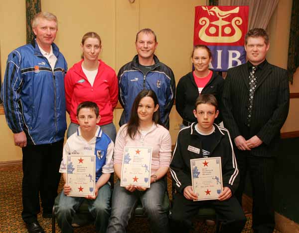 Achill GAA Club "Stars of the Future" pictured at AIB Sponsored presentation night in the Failte Suite, Welcome Inn Hotel, Castlebar, front from left: Kieran Madden,  Currane, Ciara McNamara, Keel, and  Daniel McDonald, Cashel; at back: Eugene Lavin, Cora Staunton, Billy McNicholas, Triona McNicholas, and Ivan Kelly AIB Bank. Photo Michael Donnelly.
