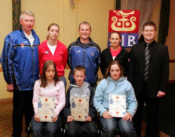 Balla GAA Club "Stars of the Future" pictured at AIB Sponsored presentation night in the Failte Suite, Welcome Inn Hotel, Castlebar, front from left: Louise Ward, Balla; David McHale, Ballintubber; and Fiona McLoughlin Carnacon; at back: Eugene Lavin, Cora Staunton, Billy McNicholas, Triona McNicholas, and Ivan Kelly AIB Bank. Photo Michael Donnelly.