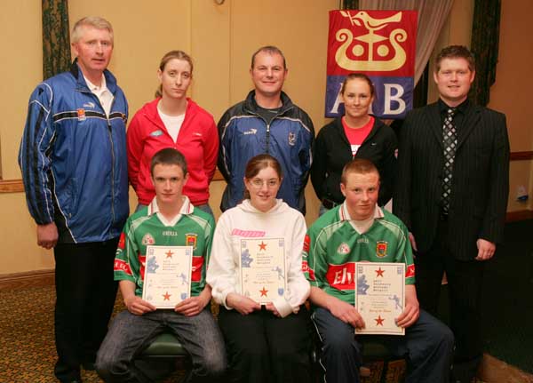 Louisburgh GAA Club "Stars of the Future" pictured at AIB Sponsored presentation night in the Failte Suite, Welcome Inn Hotel, Castlebar, front from left: Michael Gibbons, Ballyhip; Niamh Gibbons, Carniskey and John Needham Carniskey at back: Eugene Lavin, Cora Staunton, Billy McNicholas, Triona McNicholas, and Ivan Kelly AIB Bank. Photo Michael Donnelly.