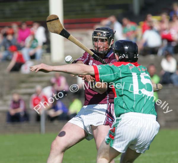 Mayo's Adrian Freeman tries to block Darren McCormack in the Christy Ring Cup in McHale Park, Castlebar. Photo:  Michael Donnelly