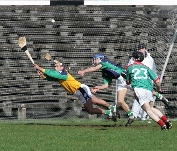 London Goalkeeper JJ Burke (Kilburn Gaels) pulls off a dramatic save to deny Mayo a goal in the Allianz National Hurling League Div 2B round 3 in McHale Park Castlebar. Photo:  Michael Donnelly