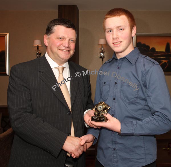 John O'Mahony presents the "Most Improved U-16 Player" award to Alan Horan at the Kilmovee Shamrocks Football Club annual Dinner in The Abbeyfield Hotel, Ballaghaderreen. Photo:  Michael Donnelly