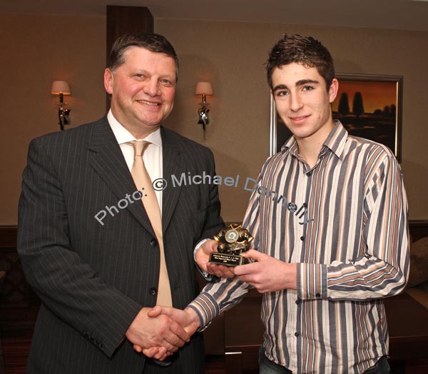 John O'Mahony presents the "Most Improved Minor Player" award to Sean Horan at the Kilmovee Shamrocks Football Club annual Dinner in The Abbeyfield Hotel, Ballaghaderreen. Photo:  Michael Donnelly
