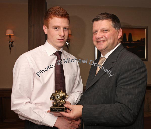 John O'Mahony presents the " Minor Player of the Year" award to James Moran at the Kilmovee Shamrocks Football Club annual Dinner in The Abbeyfield Hotel, Ballaghaderreen. Photo:  Michael Donnelly