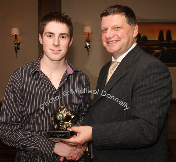 John O'Mahony presents the "Junior Player of the Year" award to James Horan at the Kilmovee Shamrocks Football Club annual Dinner in The Abbeyfield Hotel Ballaghaderreen. Photo: � Michael Donnelly
