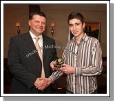 John O'Mahony presents the "Most Improved Minor Player" award to Sean Horan at the Kilmovee Shamrocks Football Club annual Dinner in The Abbeyfield Hotel, Ballaghaderreen. Photo:  Michael Donnelly