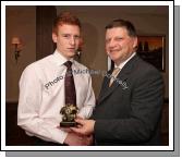 John O'Mahony presents the " Minor Player of the Year" award to James Moran at the Kilmovee Shamrocks Football Club annual Dinner in The Abbeyfield Hotel, Ballaghaderreen. Photo:  Michael Donnelly