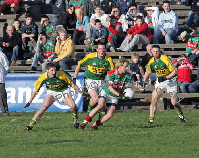 Conor Mortimer is well surrounded in the 1st round of the Allianz National Football League in McHale Park Castlebar. Photo:  Michael Donnelly