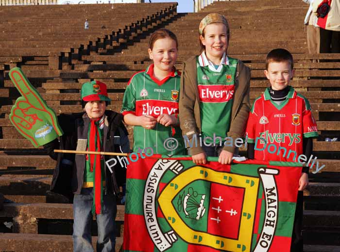 Young Mayo supporters pictured in McHale Park Castlebar after the 1st round of the Allianz National Football League between Mayo and Kerry, from left: Fergal , Deirdre Sinead and Mikey Cullina, Irishtown / Claregalway. Photo:  Michael Donnelly