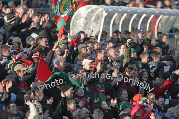 Mayo's goal by Pat Harte, sends up the flags in the 1st round of the Allianz National Football League between Mayo and Kerry, at McHale Park last Sunday. Photo:  Michael Donnelly