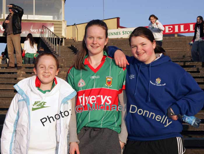 Young Mayo supporters pictured in McHale Park Castlebar after the 1st round of the Allianz National Football League between Mayo and Kerry, from left: Lorna O'Boyle, Sally Maughan,  Mairead McLoughlin. Photo:  Michael Donnelly