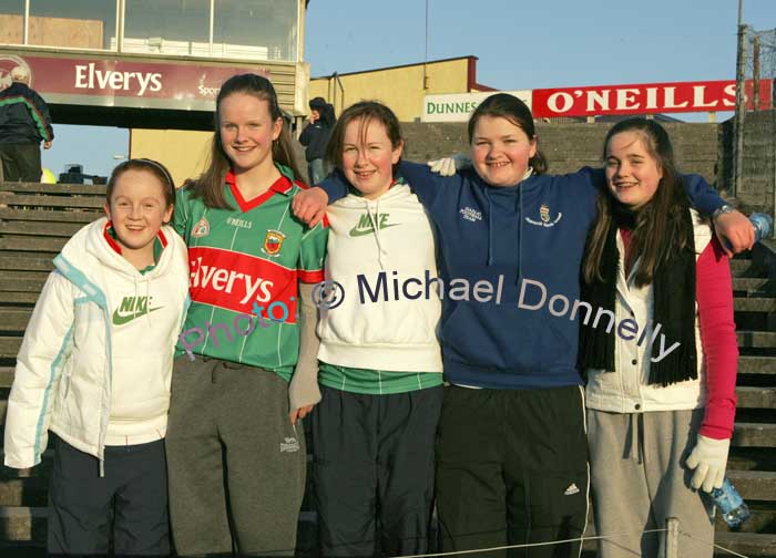 Young Mayo supporters pictured in McHale Park Castlebar after the 1st round of the 2007 Allianz National Football League between Mayo and Kerry, from left: Lorna O'Boyle, Sally Maughan, Sarah Flynn, Mairead McLoughlin and Sorcha McDermott. Photo:  Michael Donnelly