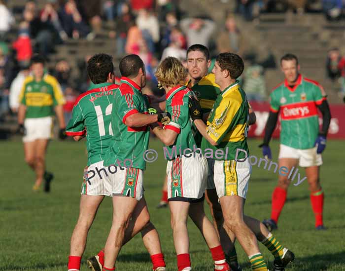 Pushing and Shoving in the 1st round of the Allianz National Football League between Mayo and Kerry, at McHale Park last Sunday. Photo:  Michael Donnelly